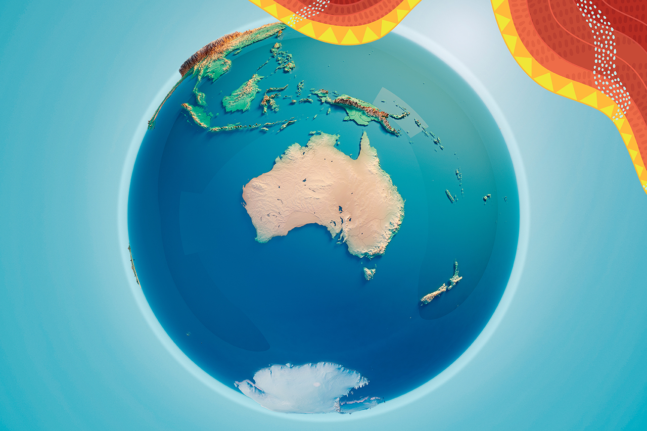 a globe featuring Australia with indigenous artwork in the top right-hand corner