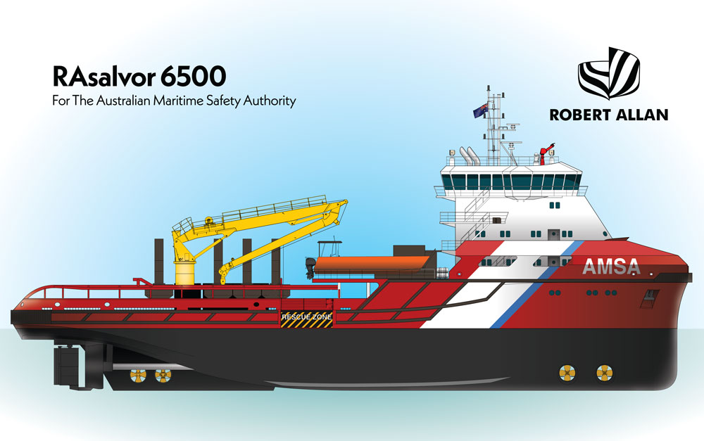 An computer generated illustration of a red ship. The illustration is titled 'RAsalvor 6500' For the Australian Maritime Safety Authority. The Robert Allan logo is included on the right.