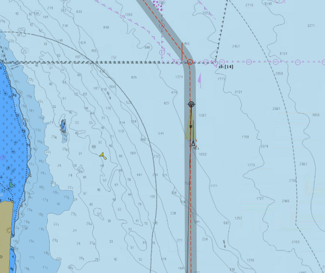 An image of a sea map schematic showing a close quarters situation developing within the planned navigation corridor involving two vessels