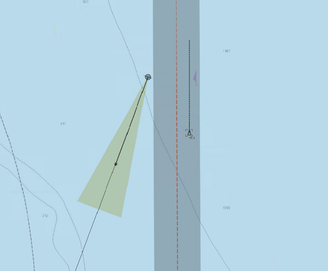 An image of a sea map schematic showing a ship manoeuvring outside the planned navigation corridor to avoid risk of collision 