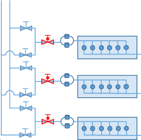 Figure 1: Diagram illustrates one solution by installing isolation valves adjacent to each engine, arranged to shut off individual fuel supplies without affecting the operation of the other engines.