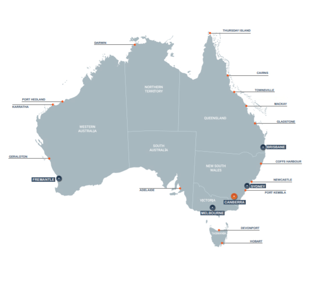 Map of Australia with office locations marked