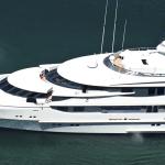 A top-down photographed of a superyacht travelling on clear waters