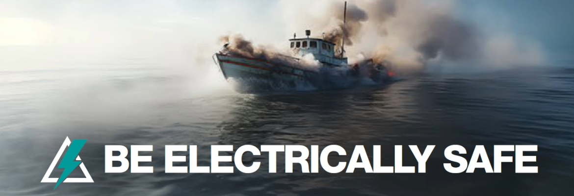 An AI generated image of a ship on fire in the ocean with the words 'Be electrically safe'