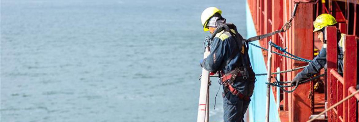 Seafarers preparing a pilot ladder on a large vessel